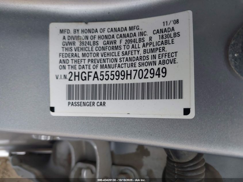 2009 Honda Civic Si VIN: 2HGFA55599H702949 Lot: 43428138