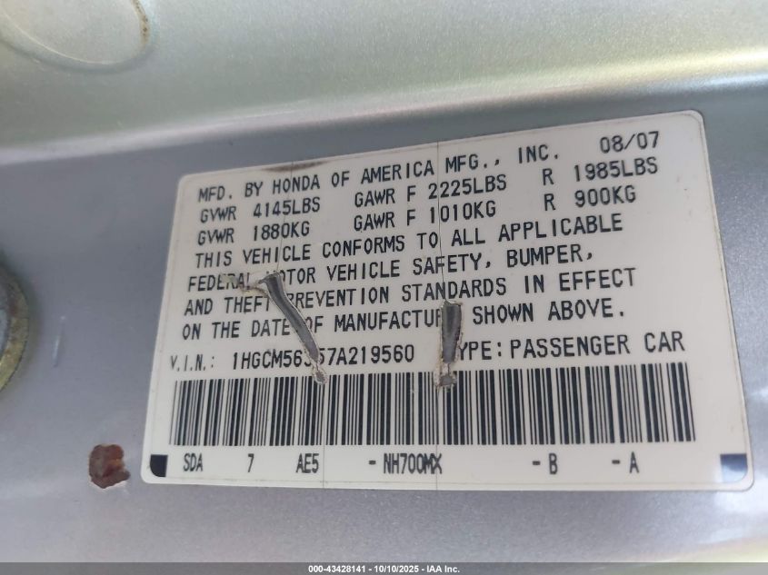 2007 Honda Accord 2.4 Se VIN: 1HGCM56357A219560 Lot: 43428141