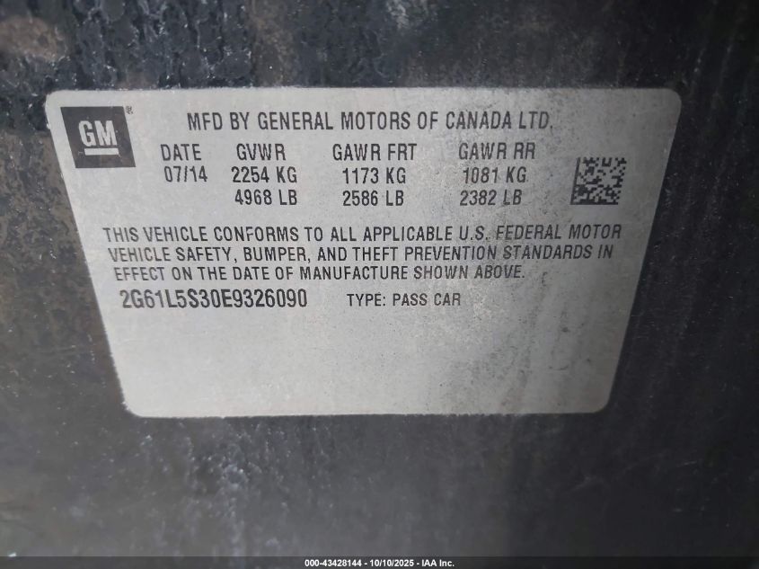 2014 Cadillac Xts VIN: 2G61L5S30E9326090 Lot: 43428144