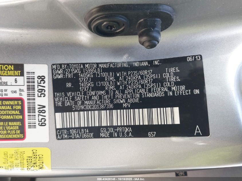 2013 Toyota Sienna Xle V6 8 Passenger VIN: 5TDYK3DC2DS387396 Lot: 43428145