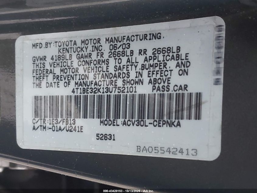 2003 Toyota Camry Le VIN: 4T1BE32K13U752101 Lot: 43428153