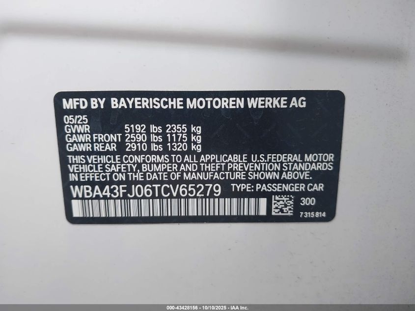 2026 BMW 530I VIN: WBA43FJ06TCV65279 Lot: 43428156