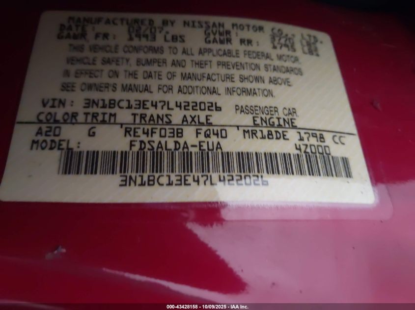 2007 Nissan Versa 1.8S VIN: 3N1BC13E47L422026 Lot: 43428158