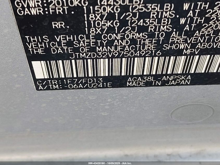 2007 Toyota Rav4 Sport VIN: JTMZD32V975049216 Lot: 43428160