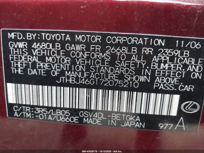 2007 Lexus Es 350 VIN: JTHBJ46G172075210 Lot: 43428175