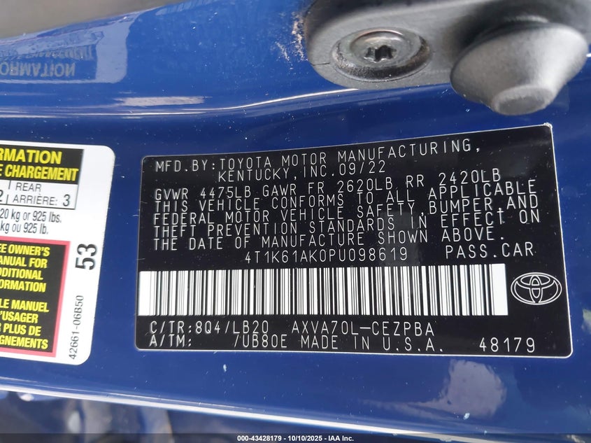 2023 Toyota Camry Xse VIN: 4T1K61AK0PU098619 Lot: 43428179