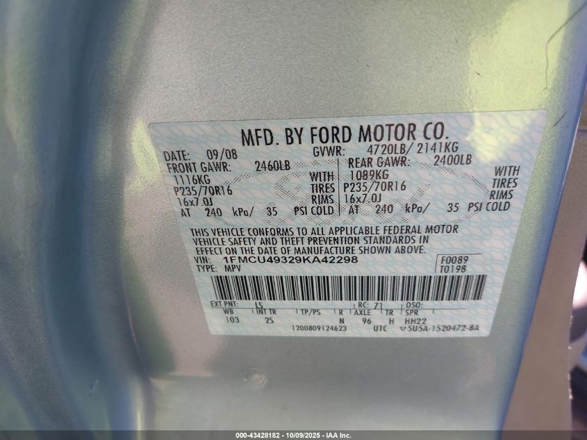 2009 Ford Escape Hybrid Limited VIN: 1FMCU49329KA42298 Lot: 43428182