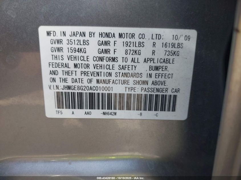 2010 Honda Fit VIN: JHMGE8G20AC010001 Lot: 43428188