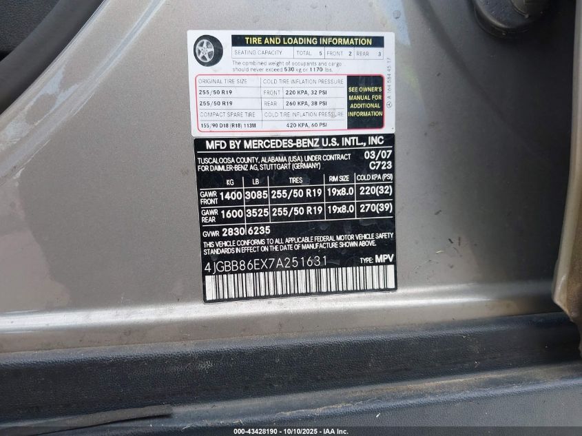 2007 Mercedes-Benz Ml 350 4Matic VIN: 4JGBB86EX7A251631 Lot: 43428190