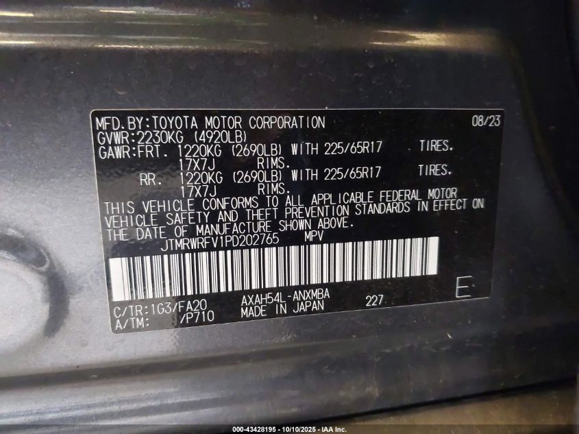 2023 Toyota Rav4 Hybrid Xle VIN: JTMRWRFV1PD202765 Lot: 43428195