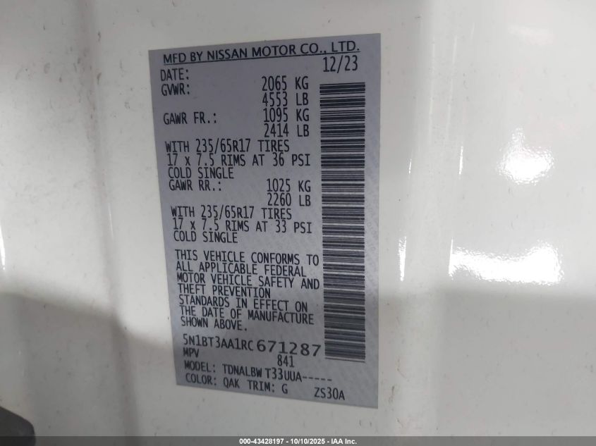 2024 Nissan Rogue S Fwd VIN: 5N1BT3AA1RC671287 Lot: 43428197