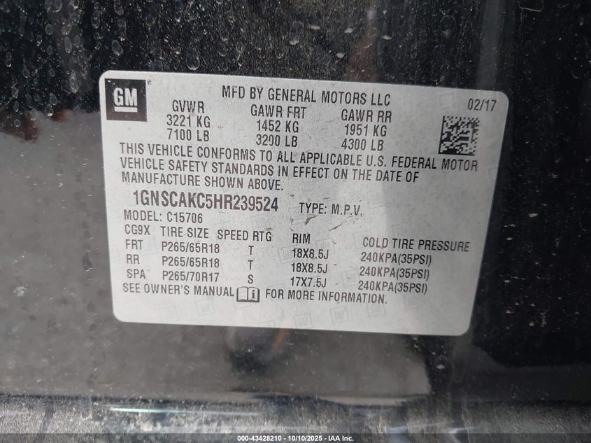 2017 CHEVROLET TAHOE LS 1GNSCAKC5HR239524