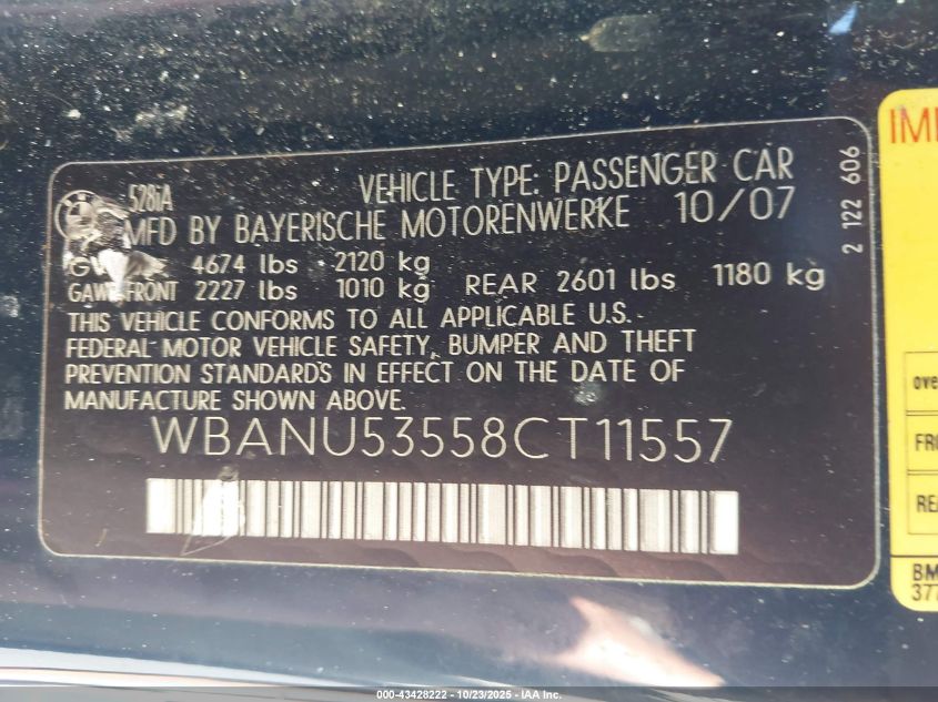 2008 BMW 528I VIN: WBANU53558CT11557 Lot: 43428222