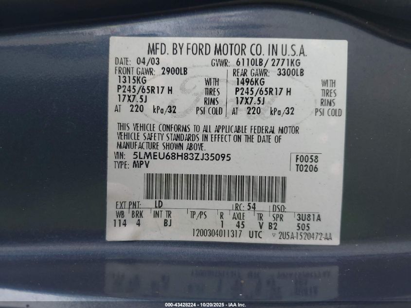 2003 Lincoln Aviator VIN: 5LMEU68H83ZJ35095 Lot: 43428224