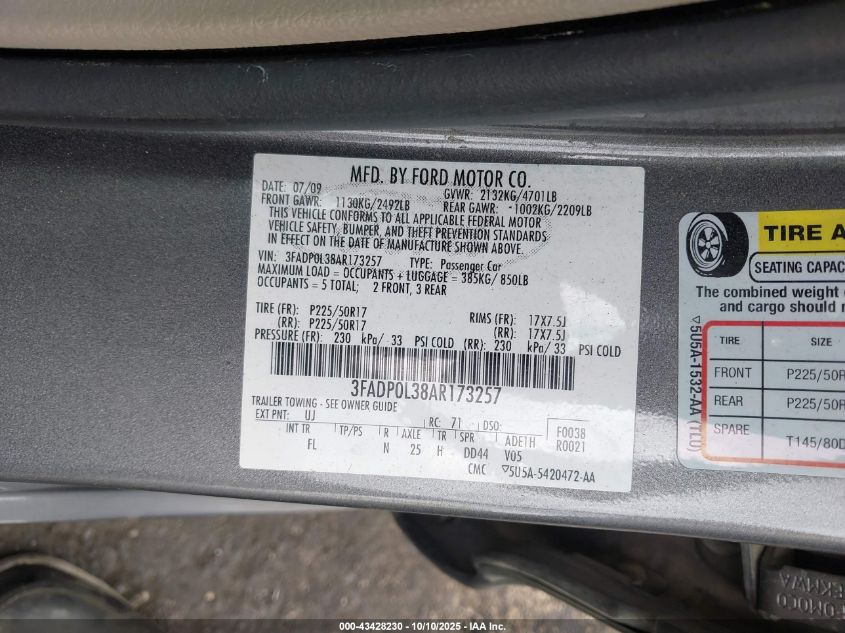 2010 Ford Fusion Hybrid VIN: 3FADP0L38AR173257 Lot: 43428230