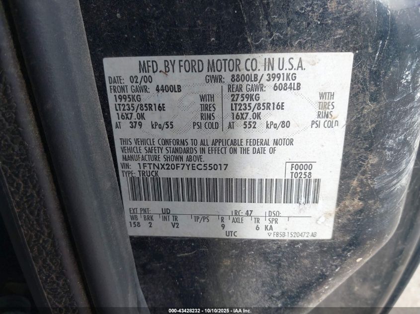 2000 Ford F-250 Lariat/Xl/Xlt VIN: 1FTNX20F7YEC55017 Lot: 43428232