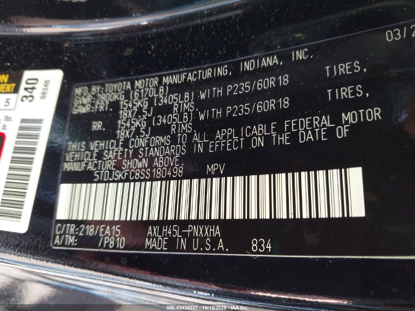 2025 Toyota Sienna Xle VIN: 5TDJSKFC8SS180498 Lot: 43428237