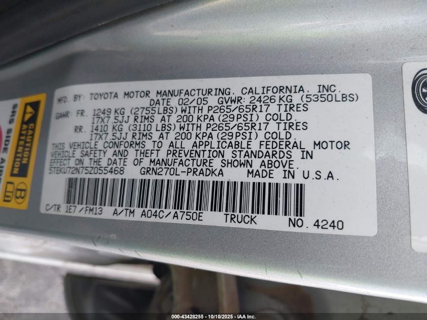 2005 Toyota Tacoma Prerunner V6 VIN: 5TEKU72N75Z055468 Lot: 43428255