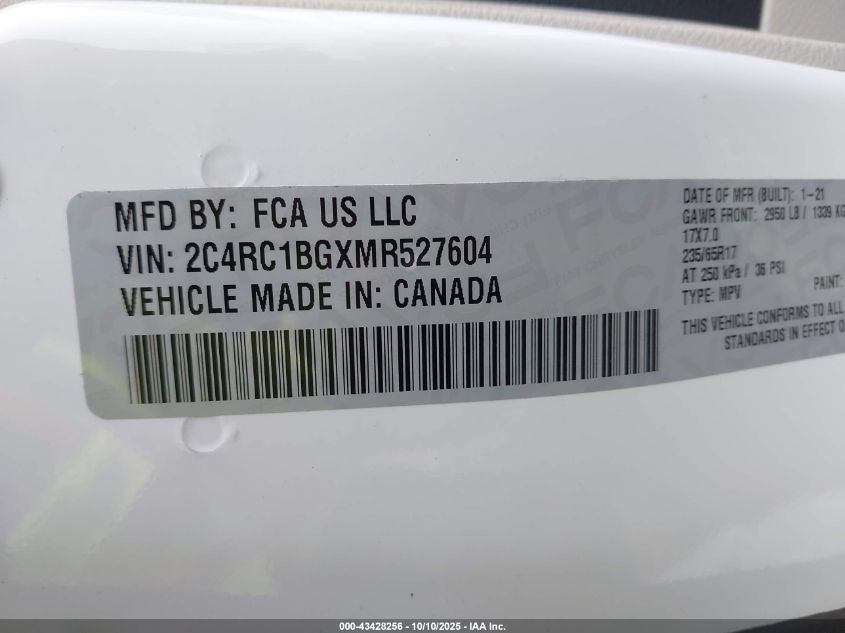 2021 Chrysler Pacifica Touring L VIN: 2C4RC1BGXMR527604 Lot: 43428256