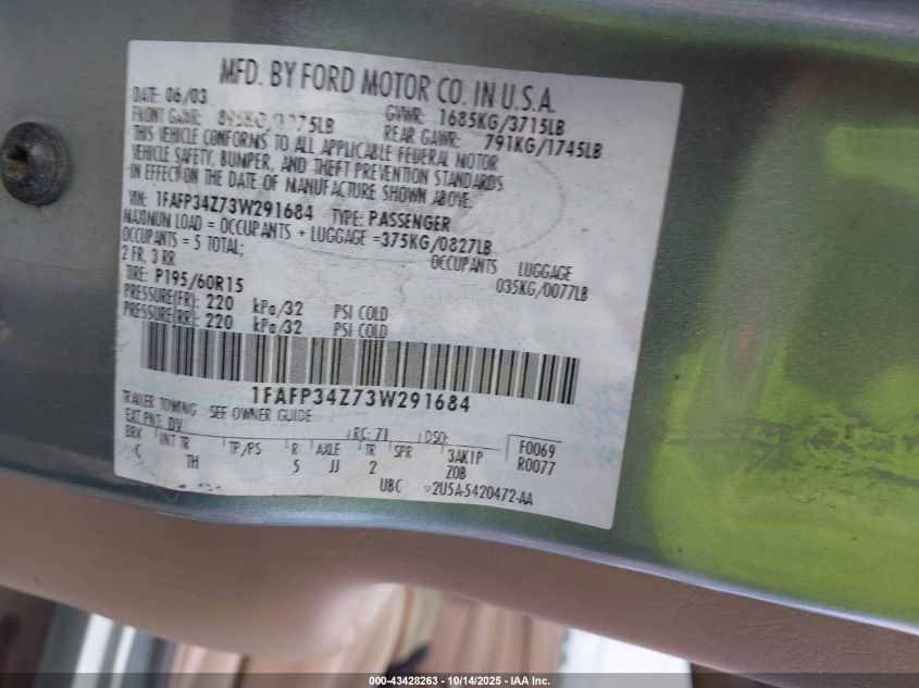 2003 Ford Focus Se VIN: 1FAFP34Z73W291684 Lot: 43428263