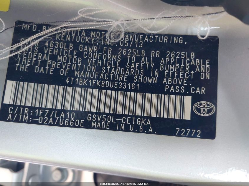 2013 Toyota Camry Xle V6 VIN: 4T1BK1FK8DU533161 Lot: 43428265