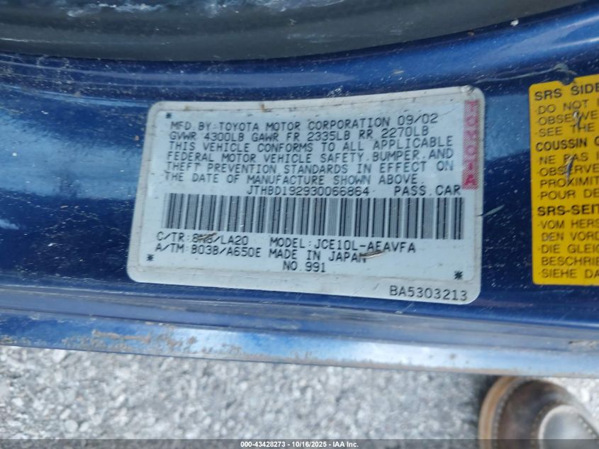 2003 Lexus Is 300 VIN: JTHBD192930066864 Lot: 43428273