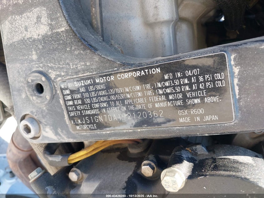 2007 Suzuki Gsx-R600 VIN: JS1GN7DA172120362 Lot: 43428280