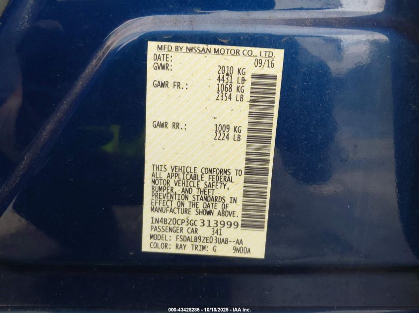 2016 Nissan Leaf S VIN: 1N4BZ0CP3GC313999 Lot: 43428286