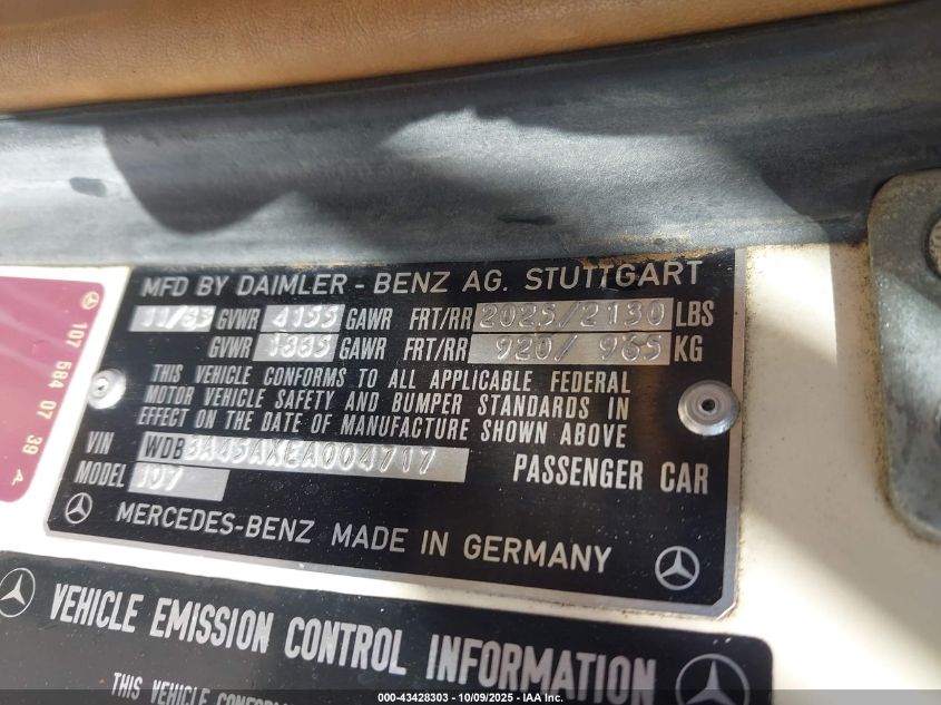 1984 Mercedes-Benz 380 Sl VIN: WDBBA45AXEA004717 Lot: 43428303