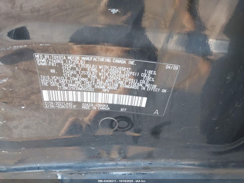 2009 Toyota Rav4 Limited V6 VIN: 2T3BK31V39W005202 Lot: 43428311