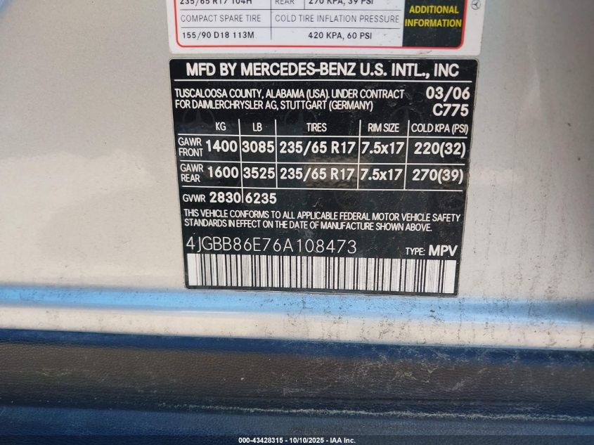 2006 Mercedes-Benz Ml 350 4Matic VIN: 4JGBB86E76A108473 Lot: 43428315