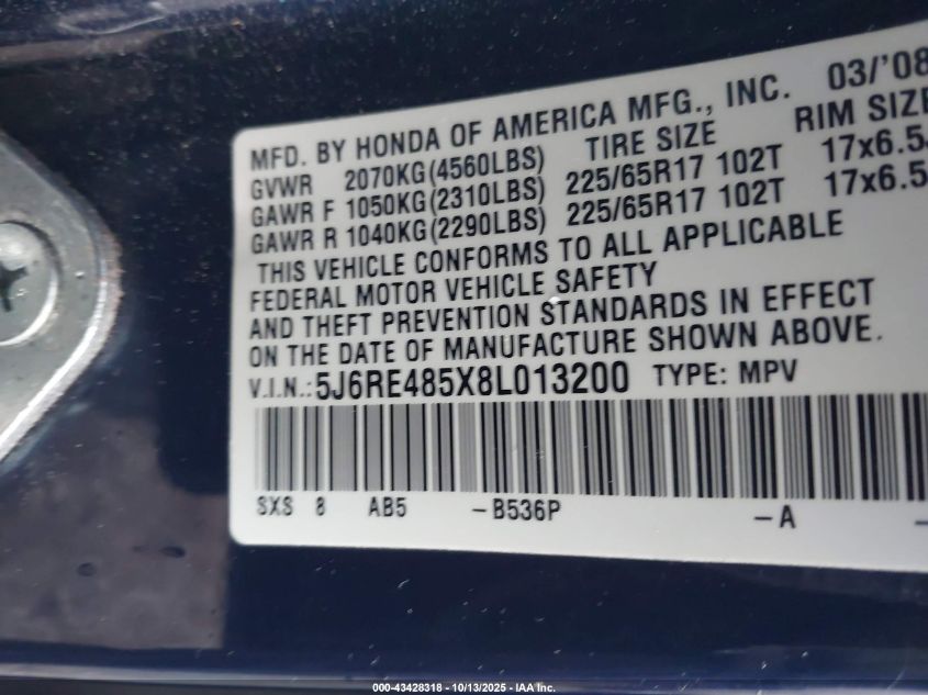 2008 Honda Cr-V Ex VIN: 5J6RE485X8L013200 Lot: 43428318