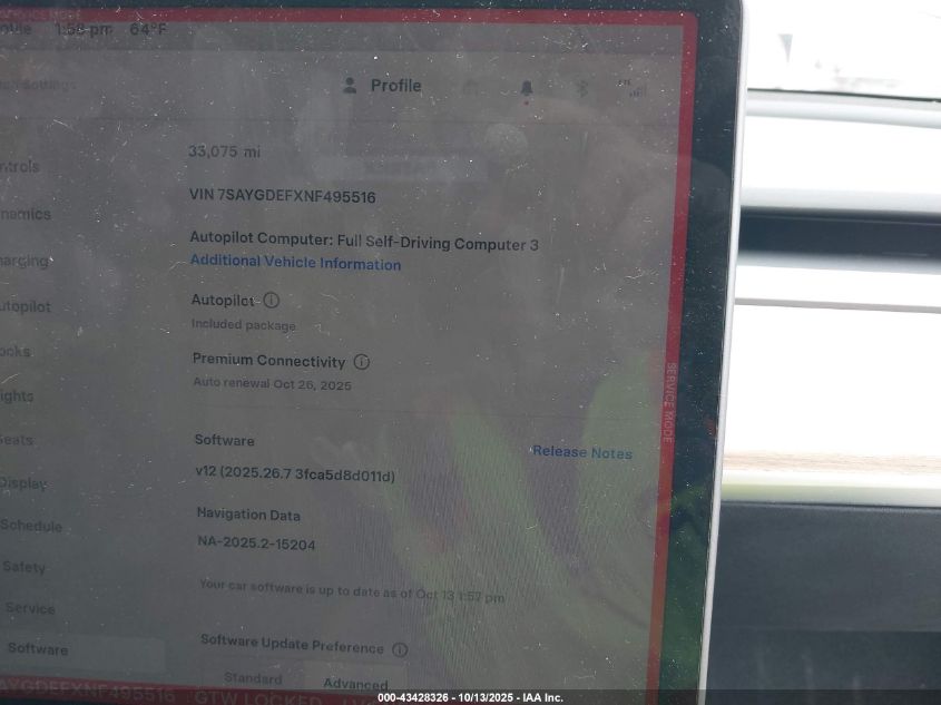 2022 Tesla Model Y Performance Dual Motor All-Wheel Drive VIN: 7SAYGDEFXNF495516 Lot: 43428326