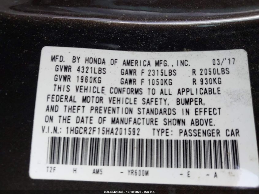2017 Honda Accord Sport Se VIN: 1HGCR2F15HA201592 Lot: 43428338