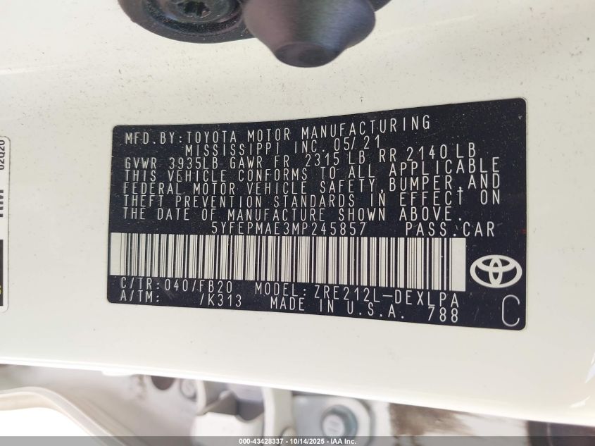 2021 Toyota Corolla Le VIN: 5YFEPMAE3MP245857 Lot: 43428337