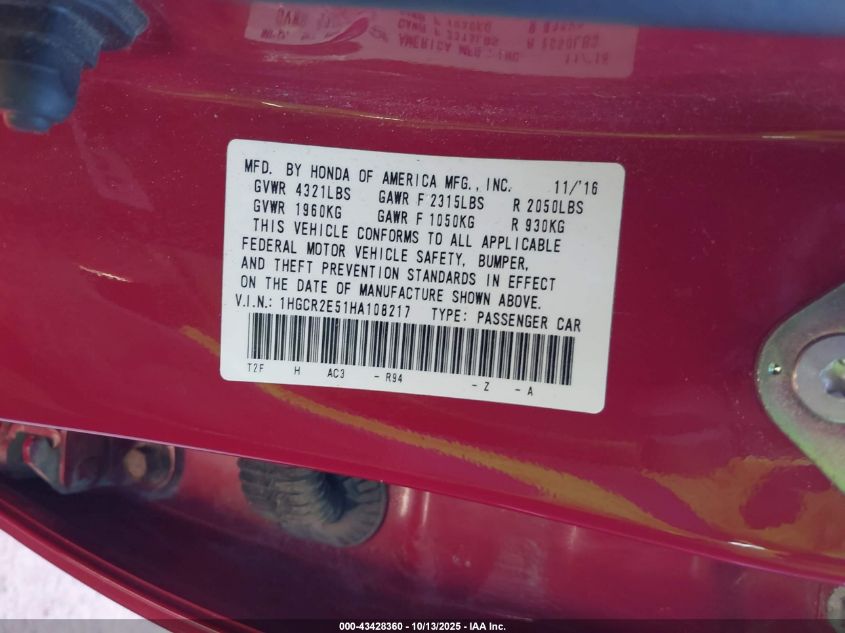 2017 Honda Accord Sport VIN: 1HGCR2E51HA108217 Lot: 43428360