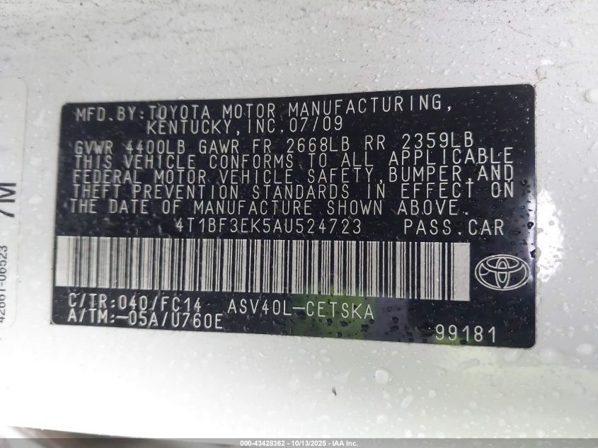 2010 Toyota Camry Se VIN: 4T1BF3EK5AU524723 Lot: 43428362