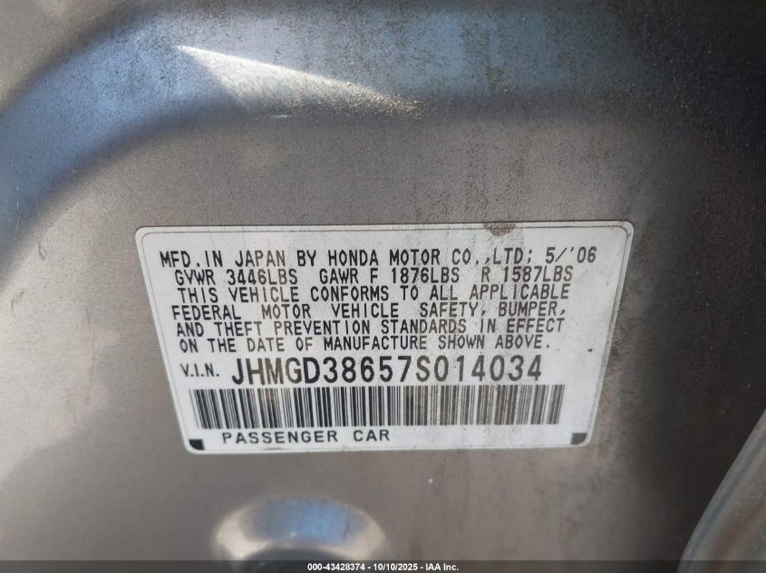 2007 Honda Fit Sport VIN: JHMGD38657S014034 Lot: 43428374