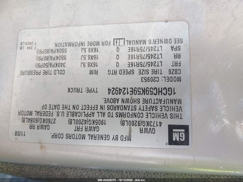 2009 Chevrolet Silverado 2500Hd Lt VIN: 1GCHC59K59E124924 Lot: 43428375