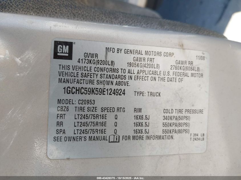 2009 Chevrolet Silverado 2500Hd Lt VIN: 1GCHC59K59E124924 Lot: 43428375