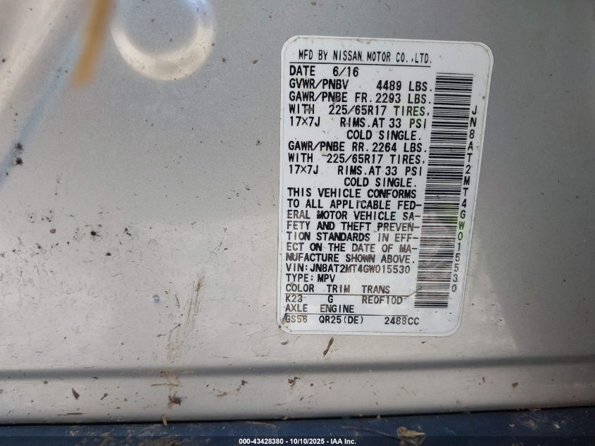 2016 Nissan Rogue S VIN: JN8AT2MT4GW015530 Lot: 43428380