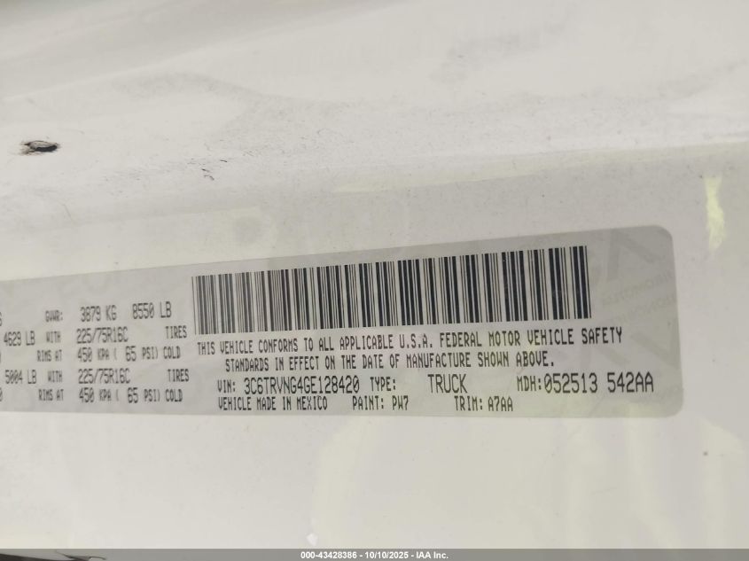 2016 Ram Promaster 1500 Low Roof VIN: 3C6TRVNG4GE128420 Lot: 43428386