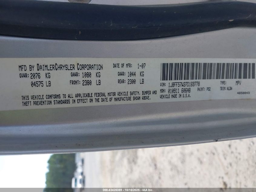 2007 Jeep Compass Limited VIN: 1J8FF57W37D169778 Lot: 43428389
