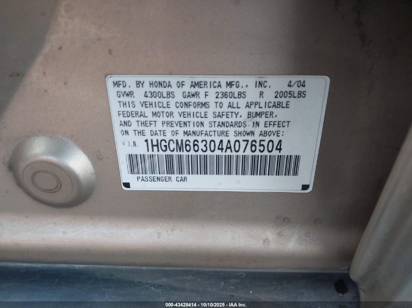 2004 Honda Accord VIN: 1H8EM66304A076504 Lot: 43428414