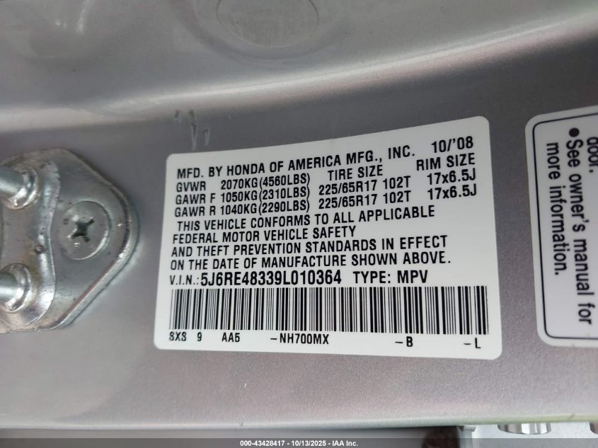 2009 Honda Cr-V Lx VIN: 5J6RE48339L010364 Lot: 43428417