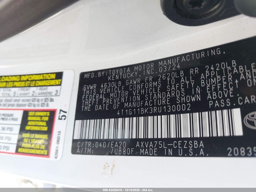 2024 Toyota Camry Se VIN: 4T1G11BK3RU130002 Lot: 43428416