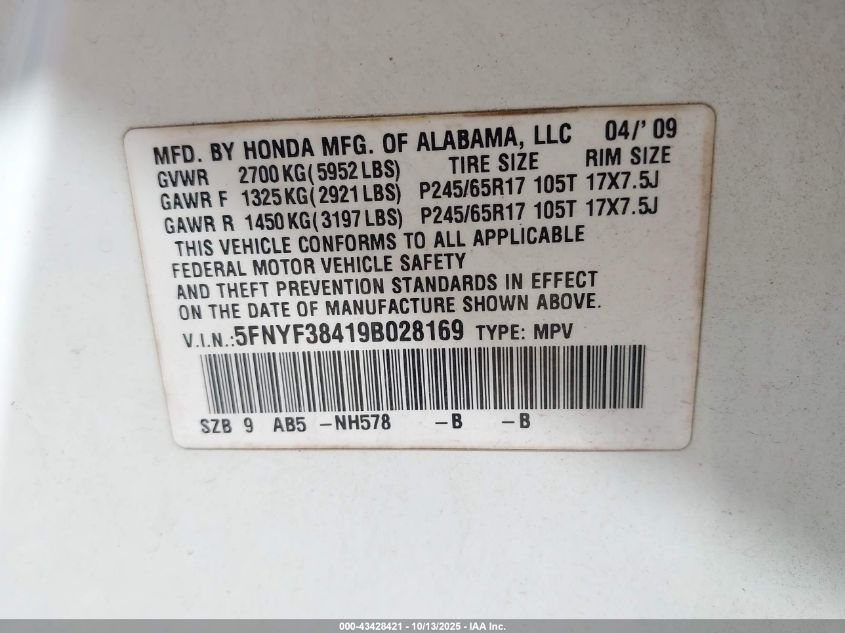 2009 Honda Pilot Ex VIN: 5FNYF38419B028169 Lot: 43428421