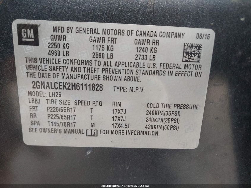 2017 Chevrolet Equinox Lt VIN: 2GNALCEK2H6111828 Lot: 43428424