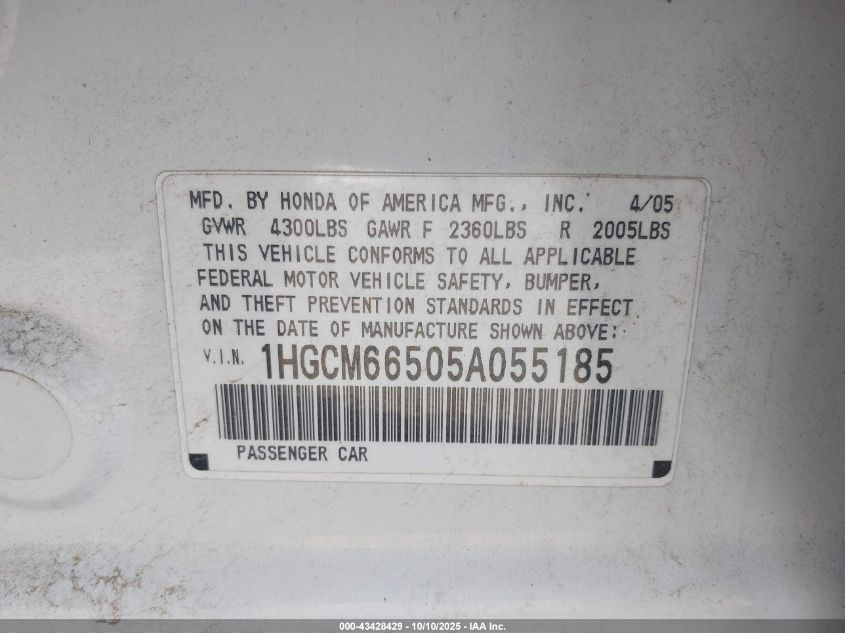 2005 Honda Accord 3.0 Ex VIN: 1HGCM66505A055185 Lot: 43428429