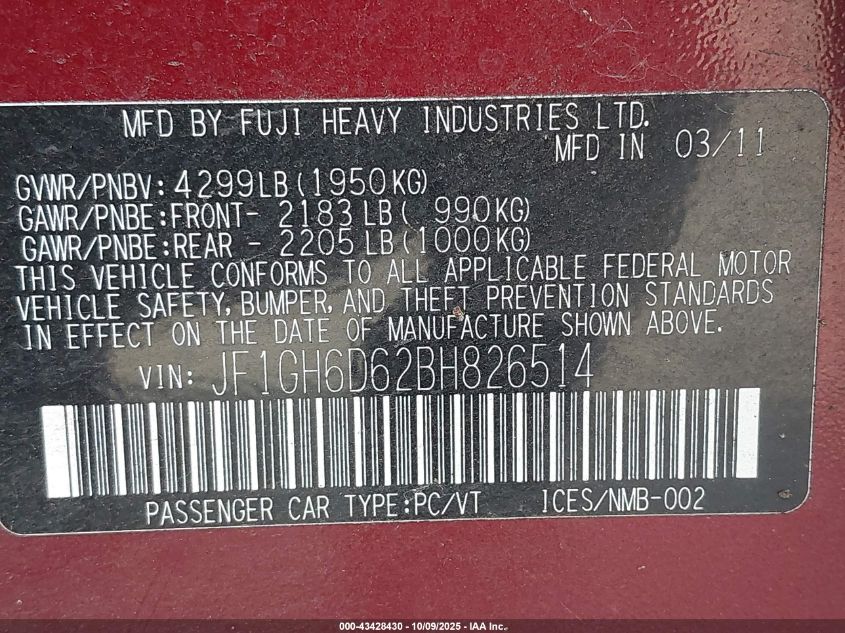 2011 Subaru Impreza Outback Sport VIN: JF1GH6D62BH826514 Lot: 43428430